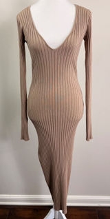 NBD REVOLOVE Tan Ribbed Knit Open Back Tie Maxi Dress Womens Small Deep V Photo 0