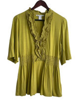 Peter Nygard Women Smocked Top M Chartreuse Flowy Short‎ Sleeve Empire Blouse Photo 0