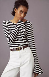 Anthropologie Maeve Flouncy Stripe Women's Blouse Top Shirt Large Ruffle Cuff‎ Photo 0