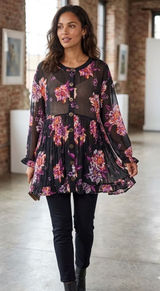 Cottagecore Womens Tunic‎ 2X Black Floral Sheer Mesh Babydoll Button Front Top Photo 0
