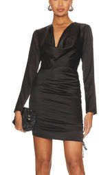 Revolve Black Ruched Mini Dress LARGE Cocktail Cowl Satin More to Come $88 NEW Photo 0