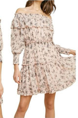 Hayden Los Angeles Floral Ruffle‎ Mini Dress Small Pink Smocked Off Shoulder Photo 0
