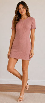 Reformation Ribbed Short-Sleeve Mini Dress in Dusty Rose Body Con Mini comfort Stretchy Size Photo 0