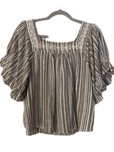 Studio West Brown Multi-Stripe Square Neck Peasant Blouse Linen and Cotton Blend Photo 0