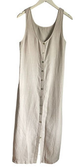 Beige Linen Midi Dress Women XS Capsule Minimalist Lagenlook Button Down Beachy Photo 0