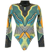 Long-Sleeve Abstract Print Women’s Swimsuit in Teal & Mustard Photo 0