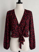 Saint + Sofia Red Black Floral Wrap‎ Tie Front Crop Top Balloon Sleeve NWT 10 Photo 0