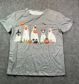 Gray Halloween Ghost Dogs Graphic T-Shirt Short Sleeve Womens Medium Gray Casual Photo 0