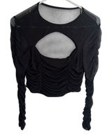 Women's Ruched Cut Out Top Blouse Long Sleeve Black Cropped Sheer Mesh Photo 0