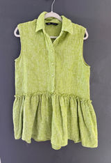 Zara Women Lime Green Textured Tweed Sleeveless Peplum Button Down Tunic Top M Photo 0