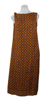 Women's Brown 100% Silk Geometric Sleeveless Bateau Neck A Line Midi Dress 12 Photo 0