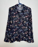 Express Portofino Shirt Womens L Navy Blue Excellent Floral Chiffon Button Down Photo 0