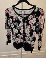 White House Black Market WHBM Floral Button Cardigan Sweater Black Pink Women L Photo 0