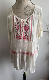 Free People Cream Embroidered Lace‎ Up Tunic Top Bell Sleeve Boho Photo 0