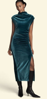 ANTHROPOLOGIE The Maya Stretch Velvet Cowl-Neck Em Teal Velvet Ruched Dress S XL Photo 0