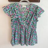 Banjanan Kira Floral Cotton Peplum Top V-Neck Ruffle Sleeve Pink Blue Green‎ M Photo 0