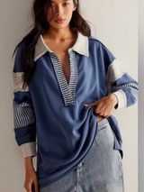 Free People x We The Free Clean Prep Polo Pullover Sweater Top Blue White Medium Photo 0