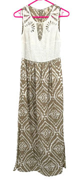 Anthropologie Size‎ 0 Sleeveless Lace Embroidered Maxi Dress Tan & White Pattern Photo 0