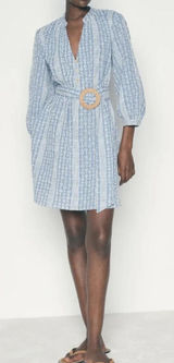 ZARA Crochet Daisy Blue &‎ White Gingham Rattan Belted Mini Dress Size Med Photo 0