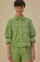 Farm Rio Pineapple Eyelet Scalloped Hem Button-Front Blouse Green Women's Small Photo 0