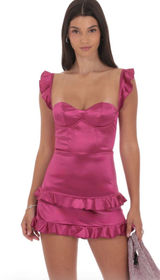 Lucy in the Sky Satin Ruffle Bodycon Dress in Magenta Photo 0