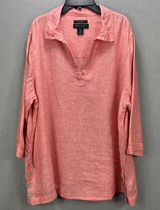 Tahari Top 1X Plus Pink Linen Tunic Side Button 3/4 Sleeve Popover Shirt Coastal Photo 0