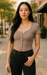 Brandy Melville John Galt Womens Top Taupe Ribbed Button Up Zelly Y2K Cropped Photo 0