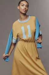 Sundry Rugby Slub Midi Dress Mustard Yellow Blue Varsity Graphic Retro‎ Sport XS Photo 0