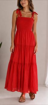 Red Smocked Tie-Stap Maxi Dress Photo 0