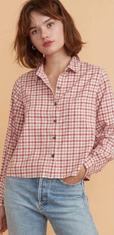 Marine Layer Madeline Relaxed Crop Shirt in Red & White‎ Plaid Size US Medium Photo 0