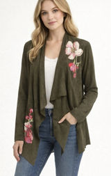 V Christina M Medium Cardigan Jacket Faux Suede Moss Green Floral‎ Embroidered Photo 0