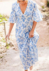 Tuckernuck Ginger Dress Medium Blue Floral Toile Maxi Coastal Grandmother Preppy Photo 0