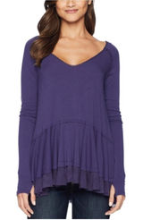 Free People NEW We The Free Tangerine Long Sleeve Peplum Flowy Boho Tee in Violet - Size L Photo 0