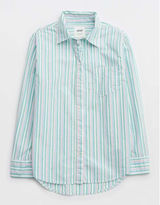 Aerie Button Down Shirt Women Large Green Pink Striped Coastal Relaxed Fit Top Photo 0