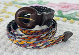 Vintage Multicolor Braided Leather Belt Boho Woven‎ Skinny Waist Belt Large Photo 0