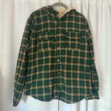 Green Plaid Flannel Sherpa Lined Shacket Hoodie Photo 0