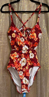 Cupshe Red Orange Floral Olivia Cut Out Tie Back One Piece Swimsuit XL NWT Photo 0
