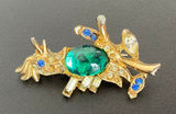 Vintage Gold Tone Bird Brooch Rhinestone Emerald Cabochon Crested Bird Pin Photo 0