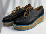 John Fluevog 4 Black Leather Platform‎ Espadrille Oxford Shoes Blue Sole Boho Photo 0