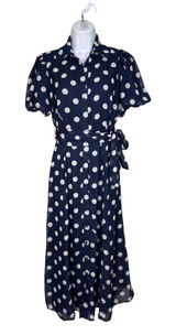 Studio One‎ Navy Polka Dot Midi Dress Tie Waist Button Front S Parisian Coquette Photo 0