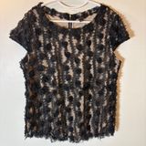 Ann Taylor Black Rosette‎ Floral Mesh Cap Sleeve Blouse Size Large Photo 0