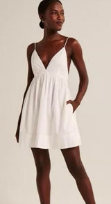 Abercrombie & Fitch Plunge V Neck Babydoll Poplin Mini Dress White Medium Photo 0
