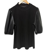 Marc New York Andrew Marc Black Ribbed Mock Neck Faux‎ Leather Puff Sleeve Top L Photo 0