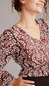 By Anthropologie Jacquard Peasant Blouse Women's Blouse Wine M Ruffle Peplum Photo 0