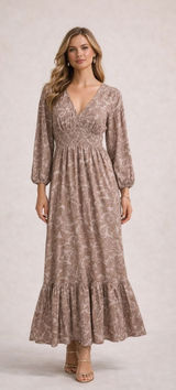 Nations of Peace Paisley‎ Maxi Dress Womens XS Brown Cotton Smocked Boho Tiered Photo 0
