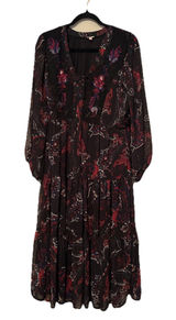 REBA | Black Paisley Print Midi Dress Sheer Sleeves Metallic Detail | Size L Photo 0