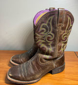 Ariat Womens Square Toe Dark Brown Cowgirl Boots Leather Western Purple Trim 8.5 Photo 0