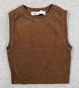 ZARA Women's Small Brown Knit Sweater Vest Top Sleeveless Crew Neck Cropped Photo 0