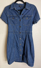 Express Womens S Blue Denim Shirt Dress Short Sleeve Button Front Mini Preppy Photo 0