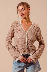 SO‎ ME Open Knit Light Weight Sweater Cardigan With Contrast Wavy Scallop Edge L Photo 0